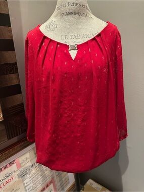 Roz & Ali Red Pleated V-Neck Blouse with Subtle Metallic Detail